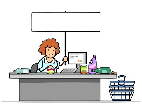 recommend clip art: Kassiererin im Supermarkt hält leeres Schild hoch
