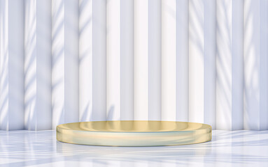 Minimal podium display with abstract leaves shadow background. 3d rendering