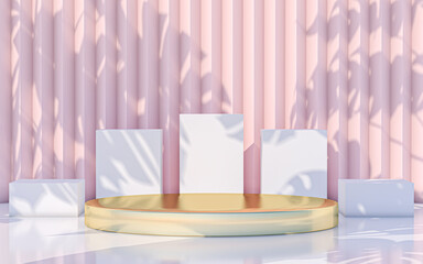 Minimal podium display with abstract leaves shadow background. 3d rendering