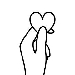 Hand are holding heart. Sticker of heart in hands. Black and white vector icon. 