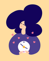 Love language "Time". Spending time together. Give attention. Woman with watch. It's time symbol! I love you! Date. Pause for yourself, myself. Rest schedule. Timetable icon. Love power. Mental health