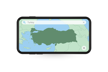 Searching map of Turkey in Smartphone map application. Map of Turkey in Cell Phone.