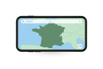 Searching map of France in Smartphone map application. Map of France in Cell Phone.