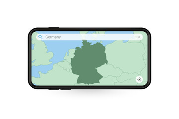 Searching map of Germany in Smartphone map application. Map of Germany in Cell Phone.