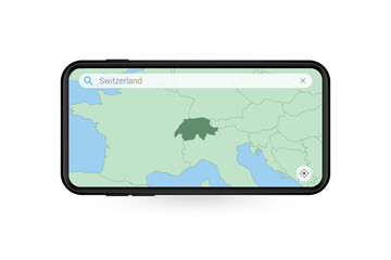 Searching map of Switzerland in Smartphone map application. Map of Switzerland in Cell Phone.