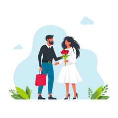 man gives woman flowers and a gift. A cute man gives a present to a woman with a bouquet of flowers. First Date. Cartoon Flat Vector Illustration. Congratulations on a hol. Vector illustration
