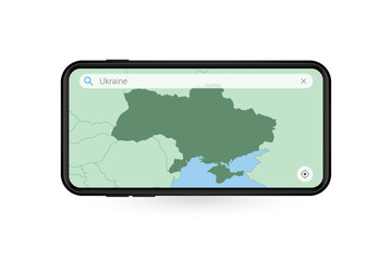 Searching map of Ukraine in Smartphone map application. Map of Ukraine in Cell Phone.