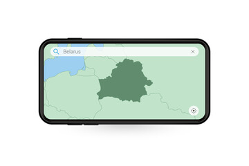 Searching map of Belarus in Smartphone map application. Map of Belarus in Cell Phone.