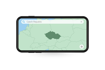 Searching map of Czech Republic in Smartphone map application. Map of Czech Republic in Cell Phone.