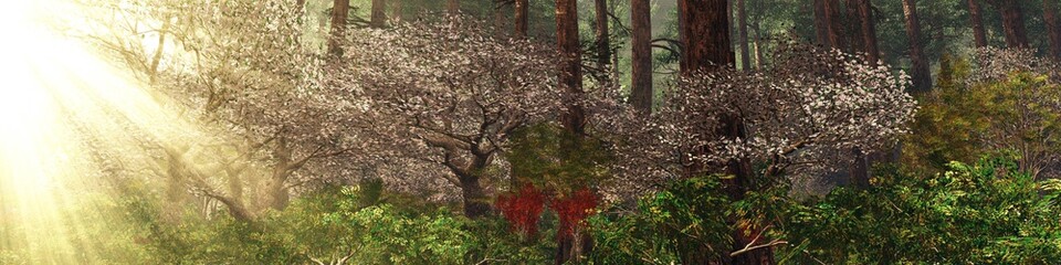 Blooming forest in the rays of the sun, blooming trees in the rays of the morning, 3D rendering