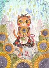 Ginger cat with sunflowers watercolor