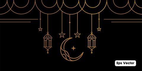 golden ramadan Kareem, Eid Mubarak Greeting Line icon minimal and simple vector design with beautiful Glowing Lantern and elegant crescent moon star on dark background or Banner - obrazy, fototapety, plakaty