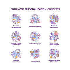 Smart content concept icons set. Customer name, age and location. Measurable ROI. Digital marketing idea thin line RGB color illustrations. Vector isolated outline drawings. Editable stroke