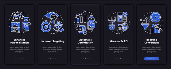 User behaviour analytics onboarding vector template. Responsive mobile website with icons. Web page walkthrough 4 step screens. Digital marketing night theme concept with linear illustrations