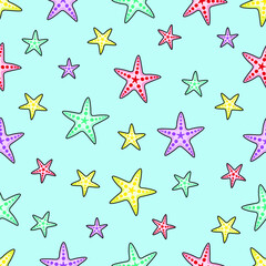 Seamless summer pattern of starfish. Elements on a light blue background.
