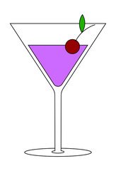 Simple vector illustration of glass with pink cocktail and red cherry with green leaf. The element is isolated on a white background. Can be used as a sticker, icon, logo.