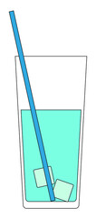Simple vector illustration of a glass with water, blue lemonade and blue ice cubes. The element is isolated on a white background. Can be used as a sticker, icon, logo.