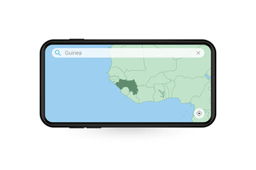 Searching map of Guinea in Smartphone map application. Map of Guinea in Cell Phone.