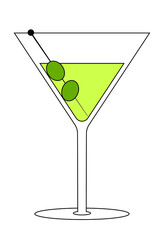 Simple vector illustration of a glass with a green cocktail and olives on a skewer. The element is isolated on a white background. Can be used as a sticker, icon, logo.