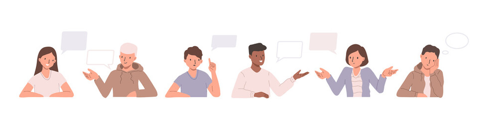 Collection of illustrations with people and speech bubbles. Set of drawings with men and women speaking and discussing smth. Flat cartoon vector illustration