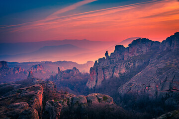 Magical sky during sunset over Belogradchik rocks, Bulgaria  - obrazy, fototapety, plakaty