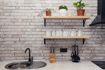 Kitchen interior with lot of cups and house plants