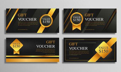 Gold luxury vouchers gift template set, coupon designs, certificates, ticket templates, ready to edit and use. - obrazy, fototapety, plakaty