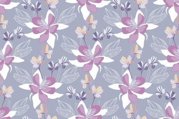 Art floral vector seamless pattern. Light purple, white vector flowers, twigs, leaves isolated on a grey background. Tile pattern for wallpaper design, fabric, textile, card, banner, digital paper.