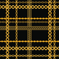 Seamless pattern decorated with precious stones, gold chains and pearls. 