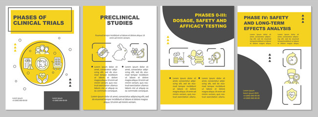Clinical trial phases brochure template. Dosage, safety, efficiency. Flyer, booklet, leaflet print, cover design with linear icons. Vector layouts for presentation, annual reports, advertisement pages
