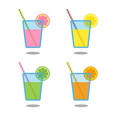 Citrus juices or cocktails, including orange, lemon, grapefruit and lime, in blue glasses with striped straws and citrus slices and shadows, isolated on white background