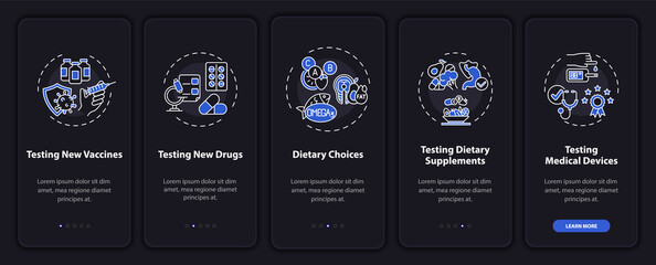 Research types onboarding mobile app page screen with concepts. Vaccines, supplements testing walkthrough 5 steps graphic instructions. UI, UX, GUI vector template with linear night mode illustrations