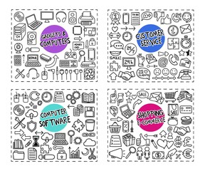 Gadgets, Computer Software, Customer Service, Shopping doodle icons set