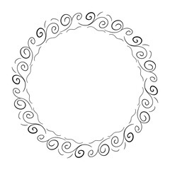 Simple Hand drawn vector frame isolated on white background. Black swirls curves decorated in circle.
