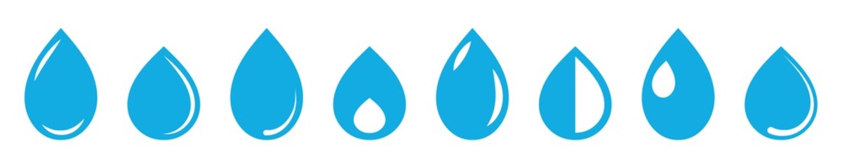 Collection of blue water drops. Flat design elements. Vector set