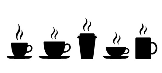 Coffee and tea cups black silhouettes. Hot beverage icons. Cafe or restaurant signs. Vector set