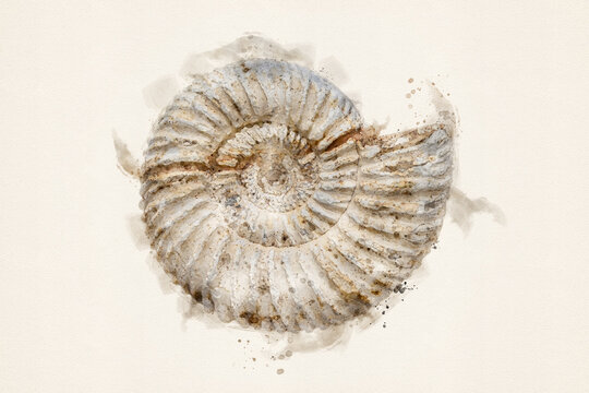 Ammonite Fossil. Jurassic ammonite. Fibonacci spiral. Watercolor Illustration.