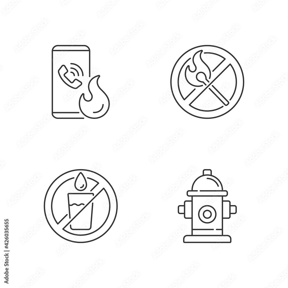 Poster emergency instructions for fire safety linear icons set. call in case of emergency. no open flame. c