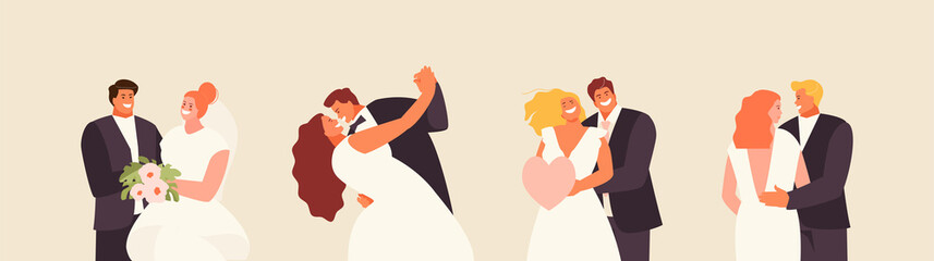 Happy bride and groom set. Newlyweds couples in love vector illustration