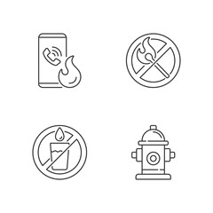 Emergency instructions for fire safety linear icons set. Call in case of emergency. No open flame. Customizable thin line contour symbols. Isolated vector outline illustrations. Editable stroke