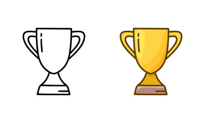 Trophy cup doodle icon. Linear and color version. Golden symbol of victory. Hand drawn simple illustration. Contour isolated vector pictogram on white background - 426036012