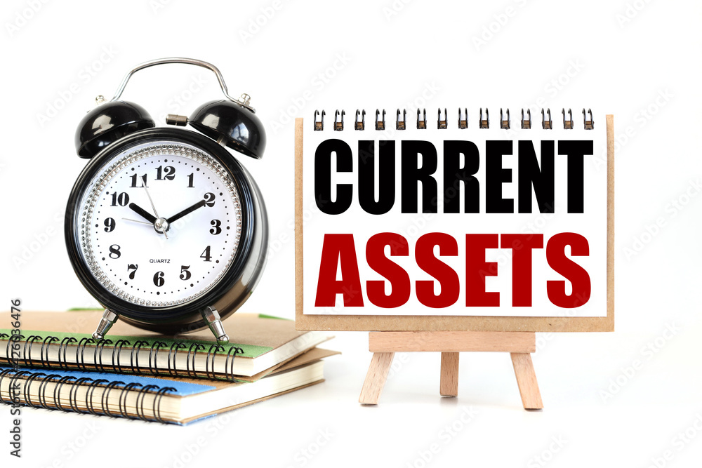 Poster current assets. text on white notepad paper on light background