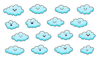 A set of kawaii clouds. Funny vector illustration. Isolated objects on a white background.