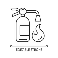 Fire extinguisher linear icon. Equipment to put out flames. Nozzle, hose for foam. Fire safety. Thin line customizable illustration. Contour symbol. Vector isolated outline drawing. Editable stroke