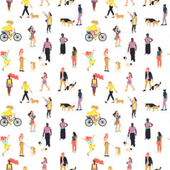 Fototapeta na wymiar Seamless pattern with many walking and standing people in summer clothes. On white background.