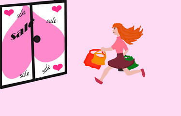 A girl with multi-colored bags runs to the door that says "SALE".
