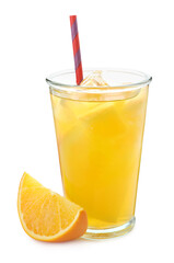 Delicious orange soda water and fresh fruit on white background