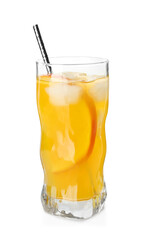 Delicious orange soda water on white background