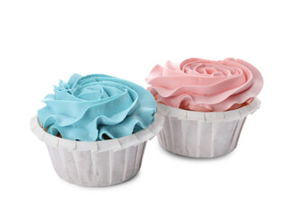 Baby shower cupcakes with light blue and pink cream on white background