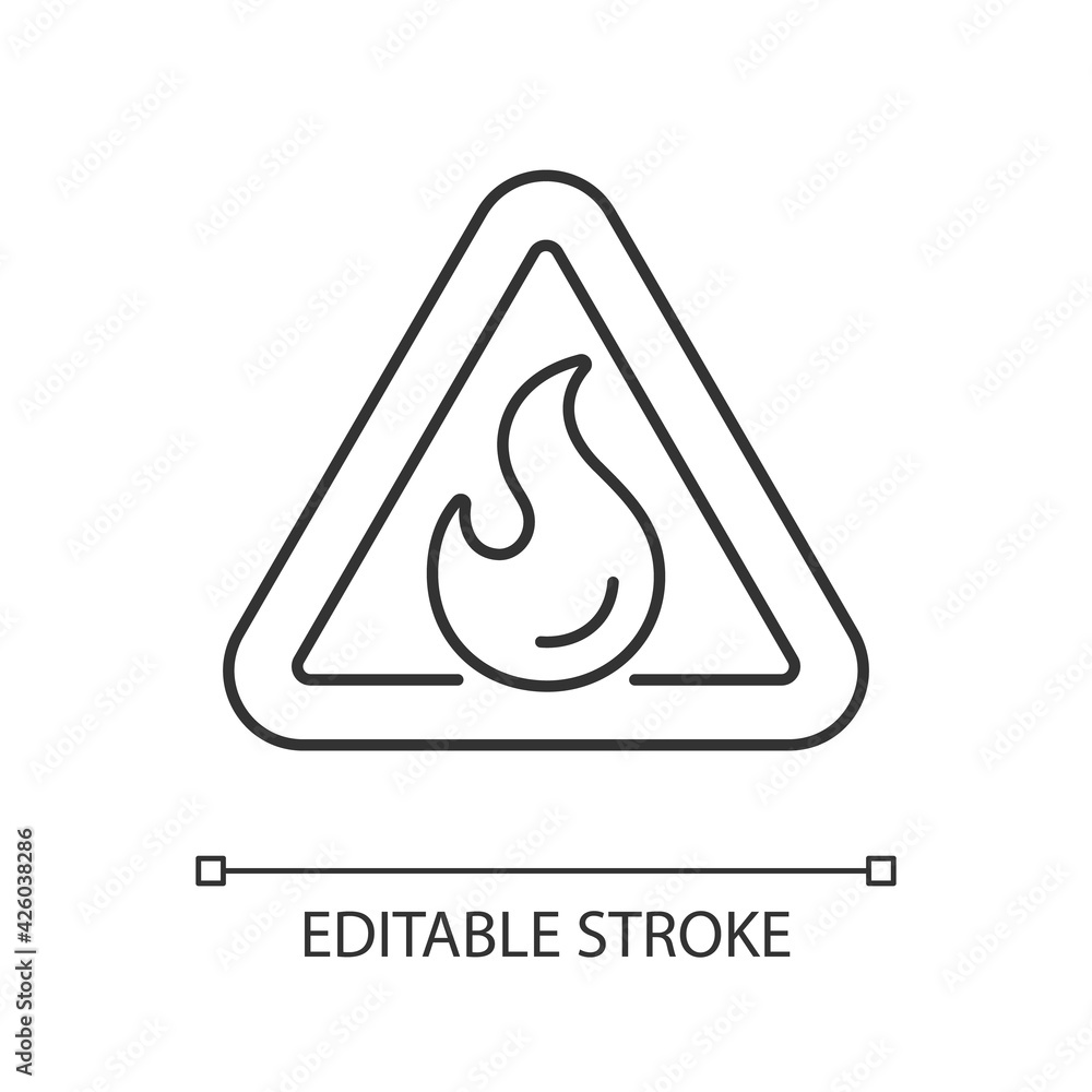 Poster flammable linear icon. triangle label for hazardous substance. warning sign. fire safety. thin line 